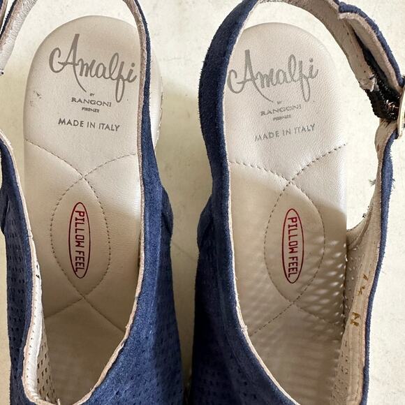 Amalfi by Rangoni Lee Wedge Sandals Open Toe Navy Blue Suede Size 7.5 Slingback - Picture 7 of 11